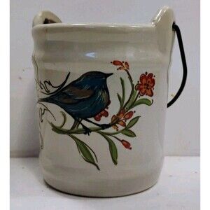 Vtg Hand Painted Blue Bird Small Ceramic Pail Crock Match Holder Bucket Handle 3